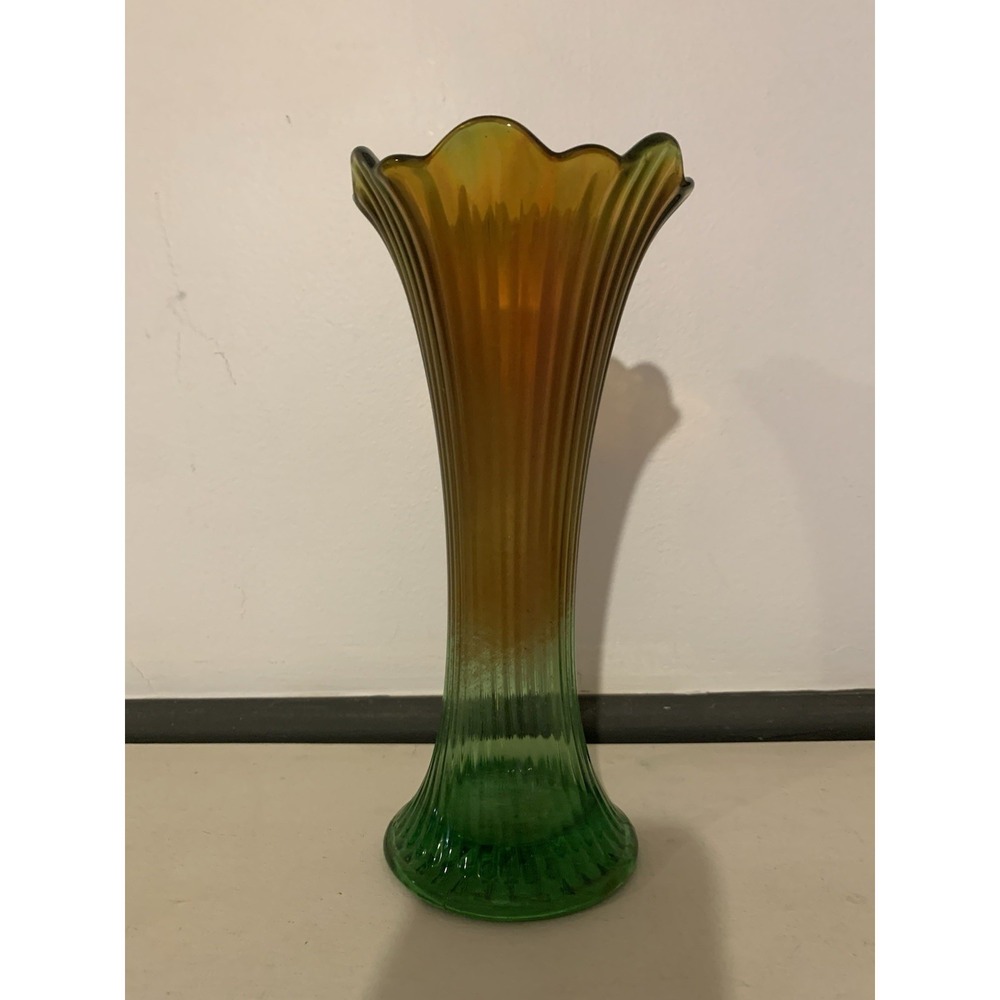 Northwood Green Carnival‎ Glass Fine Rib Swung Vase 10" Tall